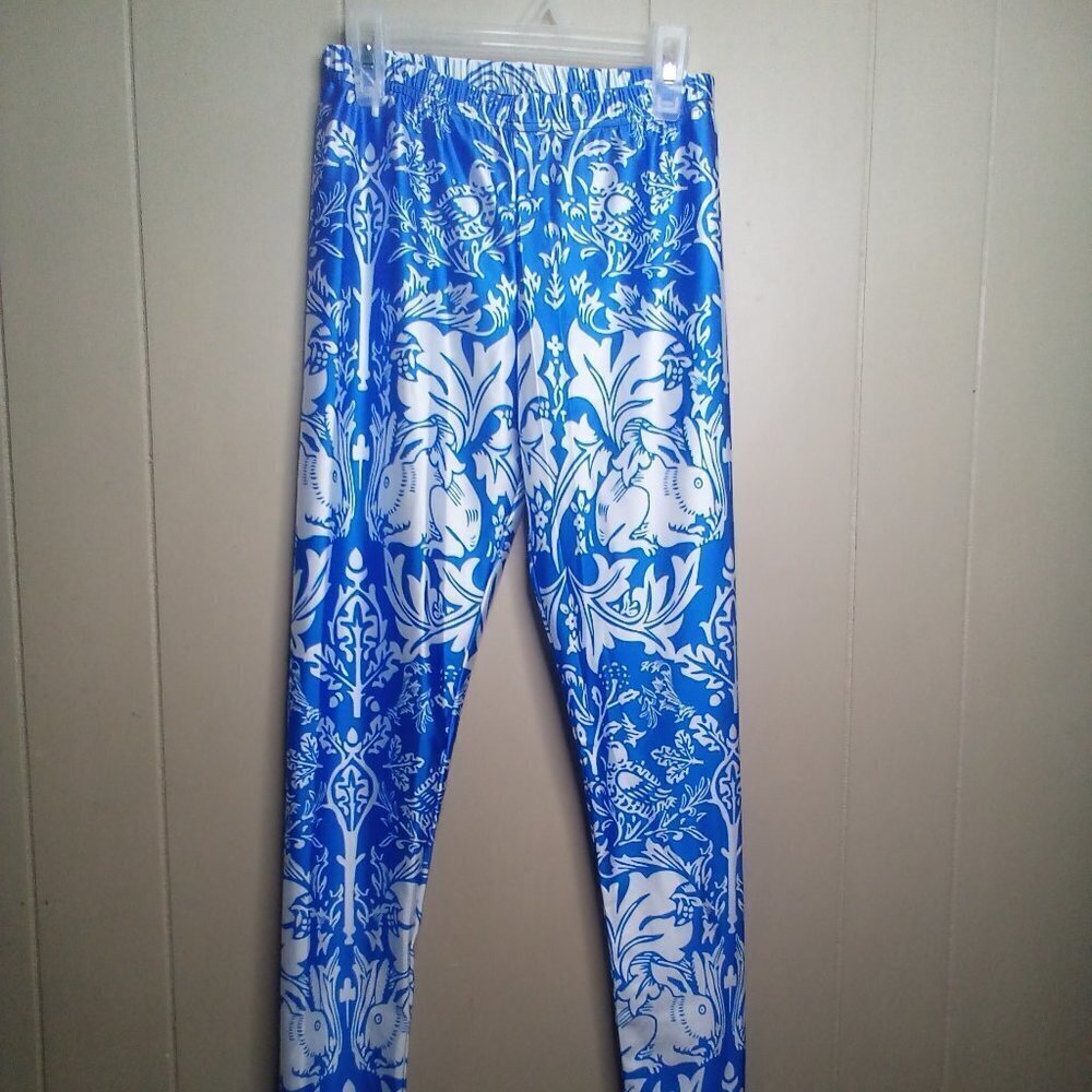 Lotus Leggings M Lightweight Bunny Bird Print Blue White